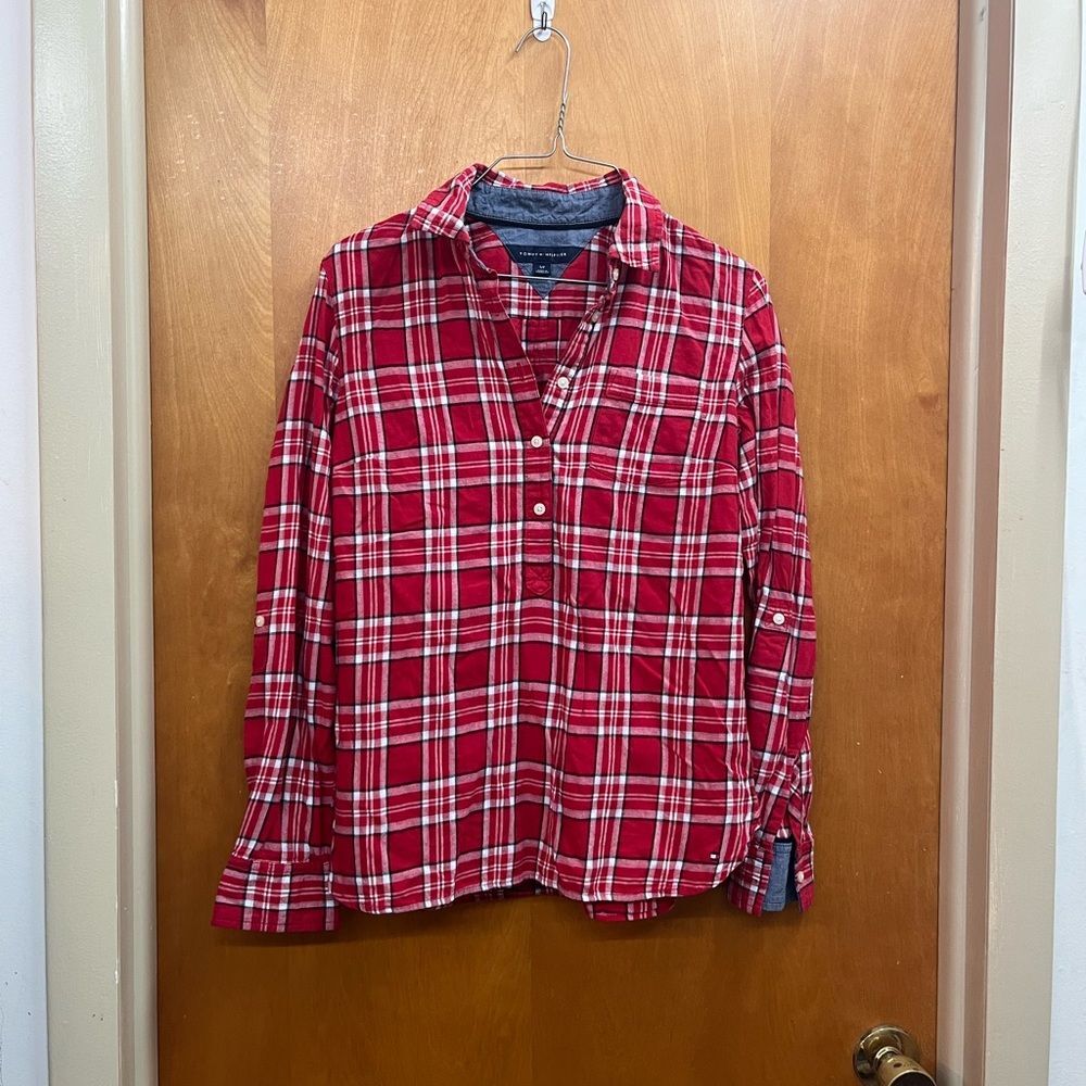 Tommy Hilfiger Red and White Plaid quarter button down Shirt